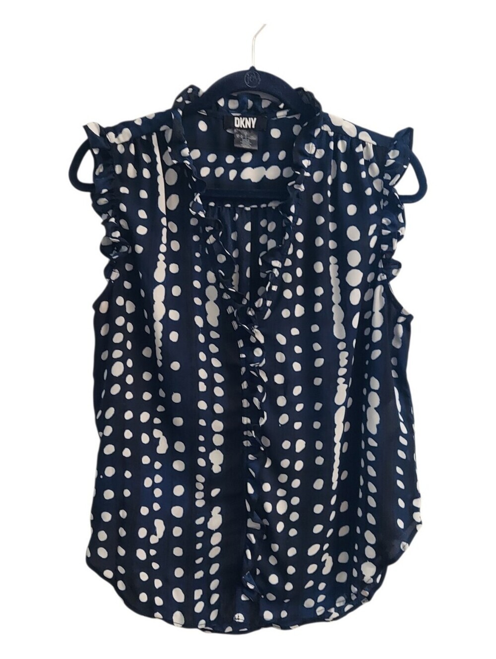 DKNY Navy and White Polka Dot Ruffle Sleeveless V-Neck Top M Office Classic